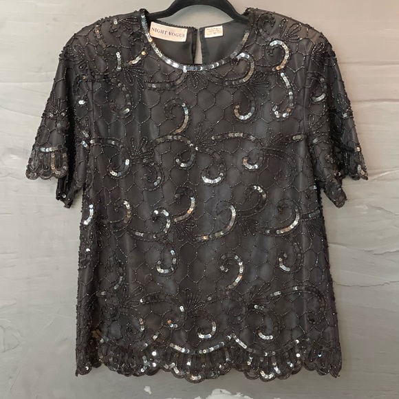 VTG Women's NIGHT VOGUE Shimmering Blk Sequin Beaded Short Sleeve Lined Top Sz M - Picture 8 of 11